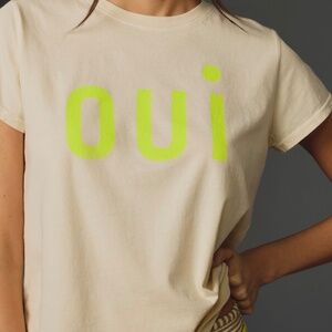 Clare V. Oui Classic Tee, Size M in White with Fluorescent Yellow Writing